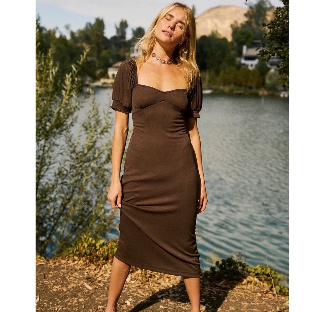 NWT Free People Beach Midi Dress Large Dark Brown Ribbed Puff Sleeve Square Neck